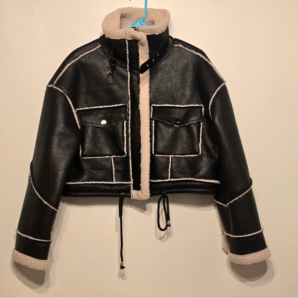 Blank NYC Flying Squad Black &Cream Faux Leather Moto- Small NWT